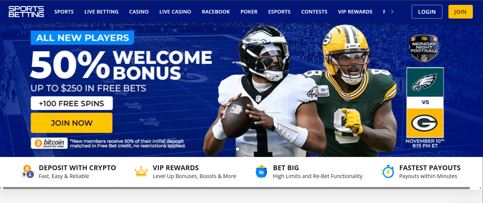 Platform view of SportsBetting sportsbook showing sharp odds, early markets, and crypto support